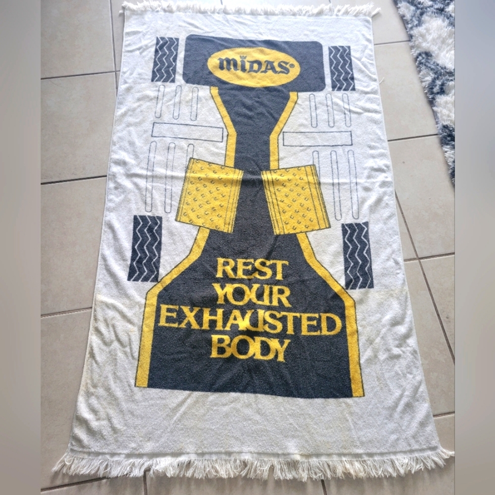 Vintage Midas Beach Towel Cars Muffler Promo 80s Cotton Racing Tires Advertising